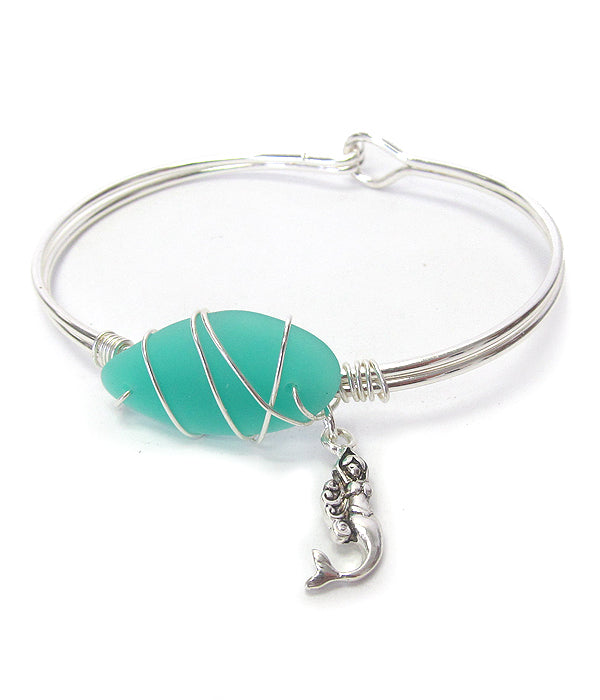 Sea Glass Bangle Bracelet with Mermaid Charm