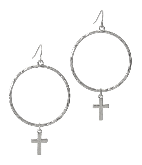 Silver Metal Cross Hoop Earrings